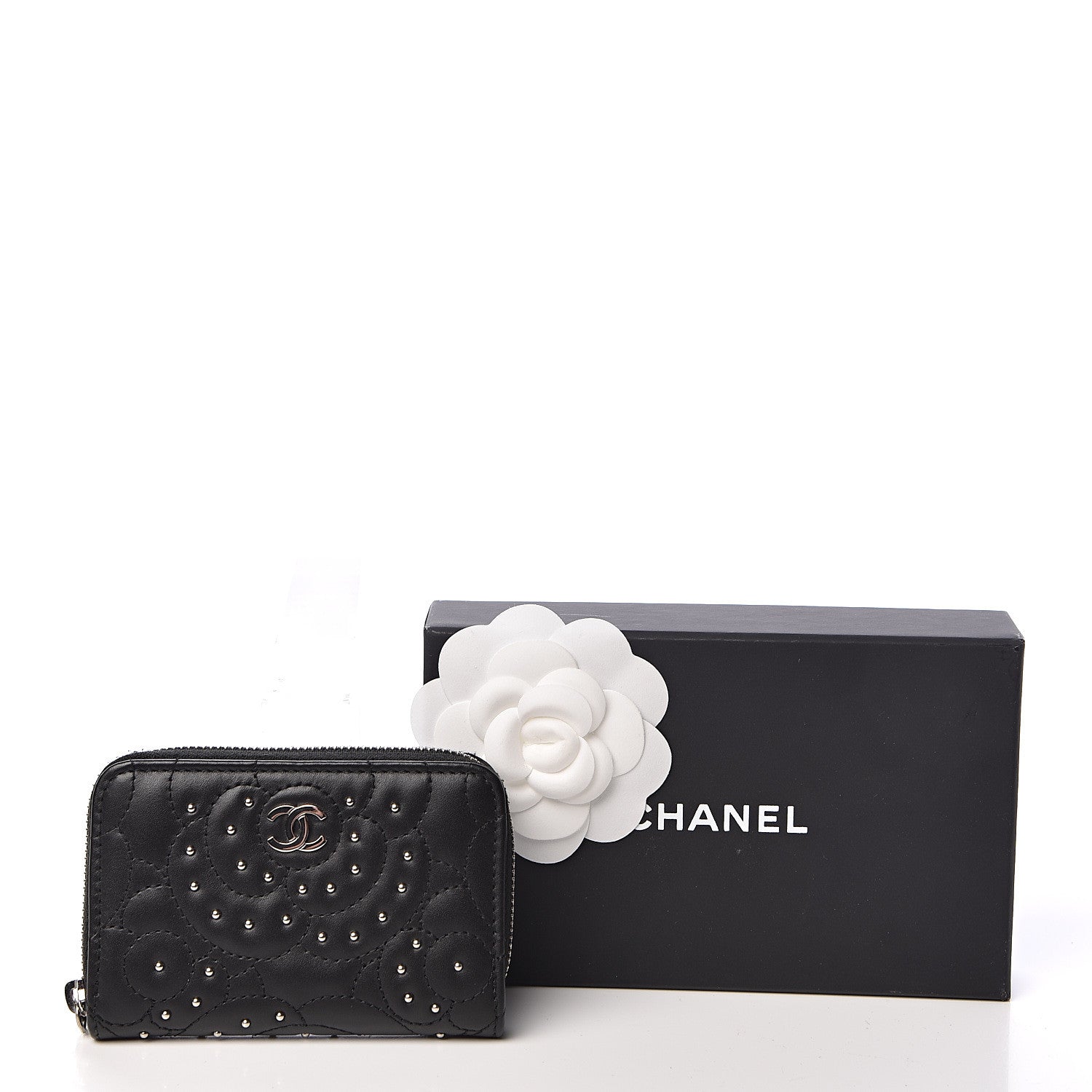 Chanel Lambskin Camellia Embossed Studded Zip Coin Purse Black 8 of 8