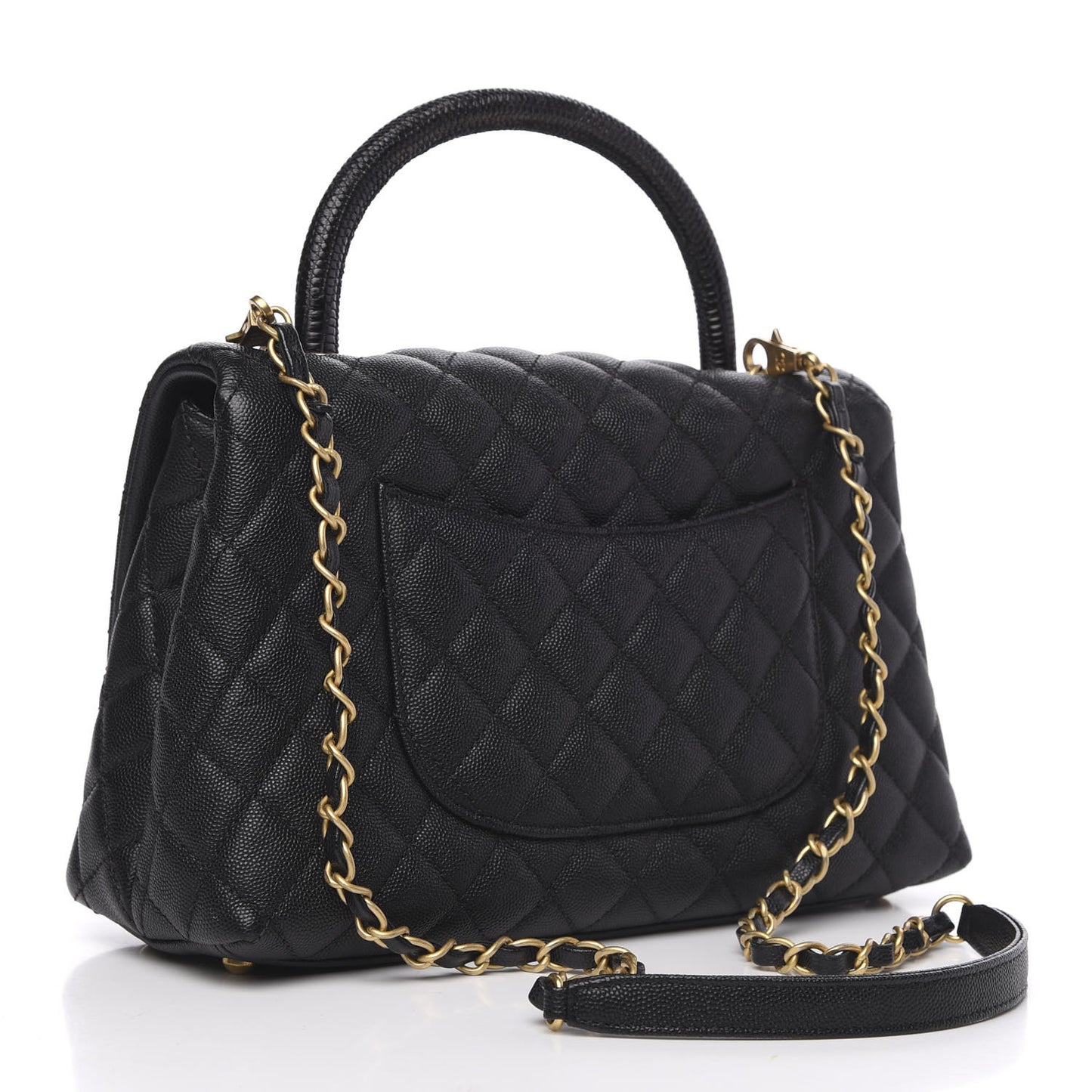 Caviar Lizard Embossed Quilted Small Coco Handle Flap Black