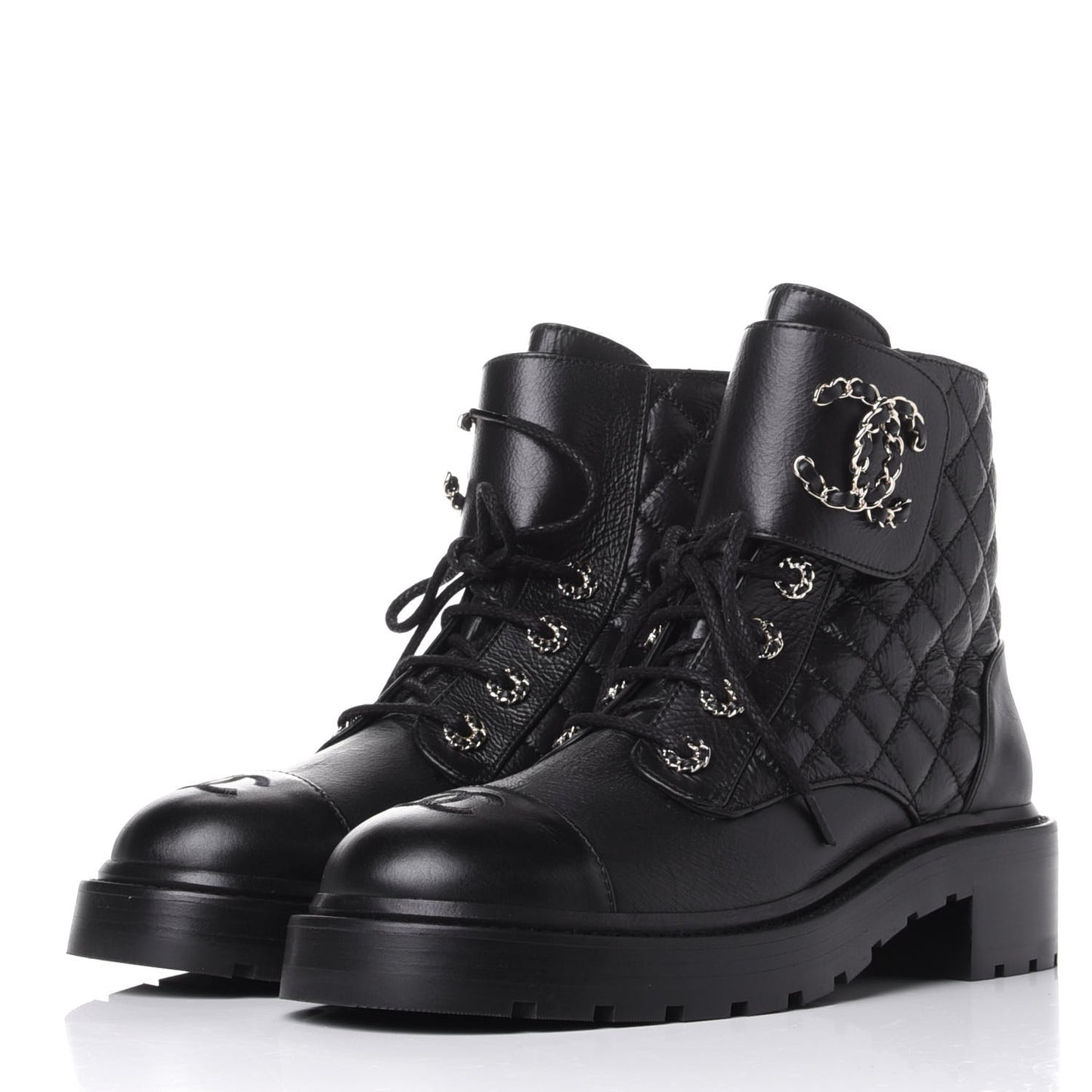 Shiny Goatskin Calfskin Quilted Lace Up Combat Boots 39 Black