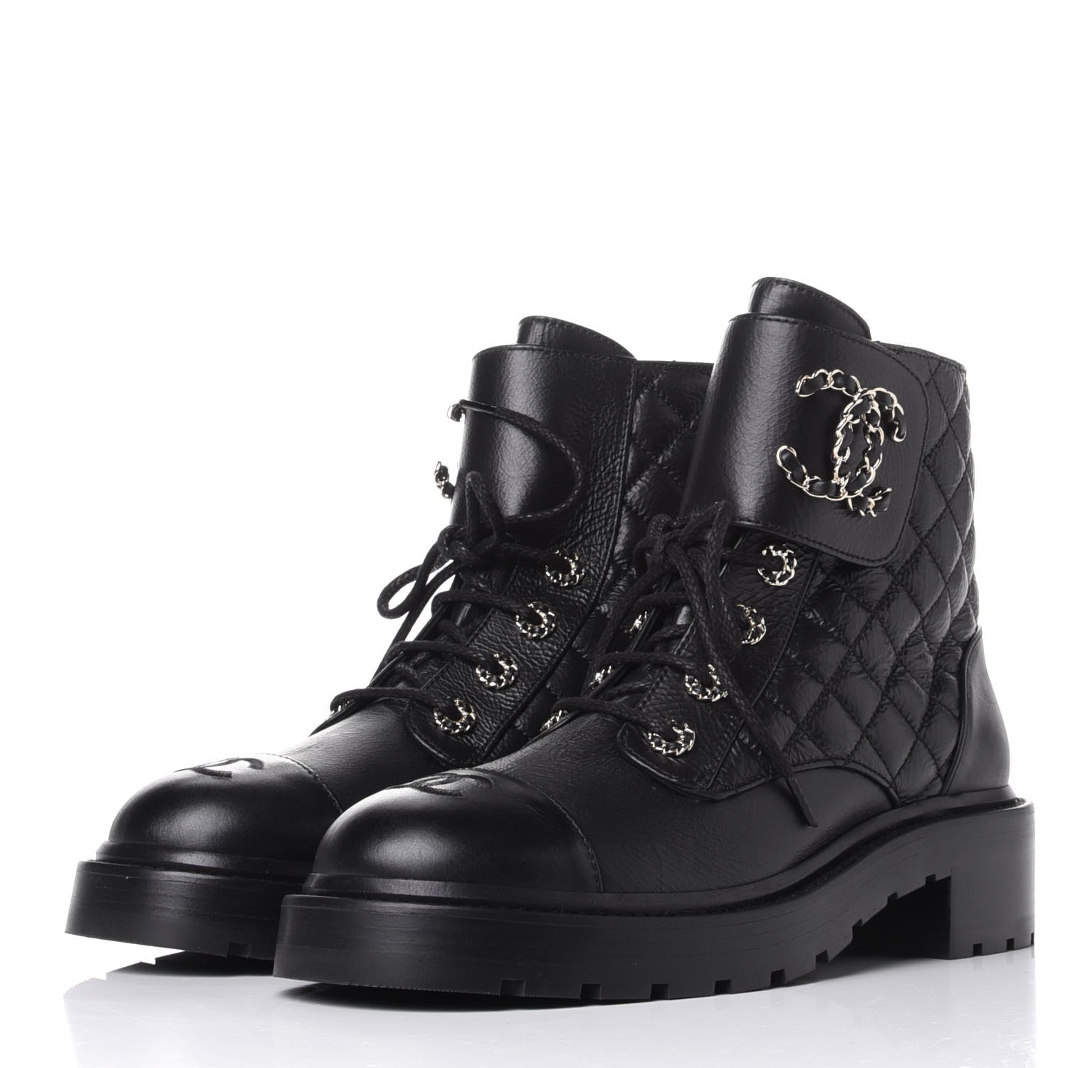 Chanel Shiny Goatskin Calfskin Quilted Lace Up Combat Boots 39 Black 3 of 11