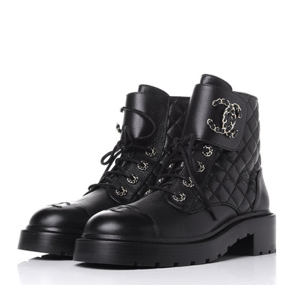 Chanel Shiny Goatskin Calfskin Quilted Lace Up Combat Boots 39 Black 3 of 11