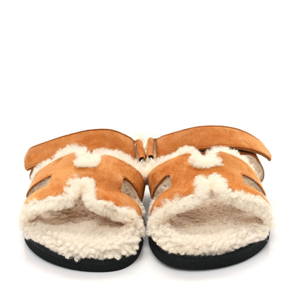 Hermes Suede Goatskin Woolskin Womens Chypre Sandals 37 Naturel Ecru 2 of 8