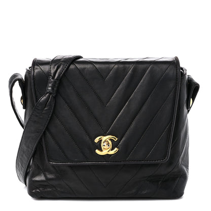 Chanel Lambskin Chevron Quilted Flap Shoulder Bag Black 1 of 15