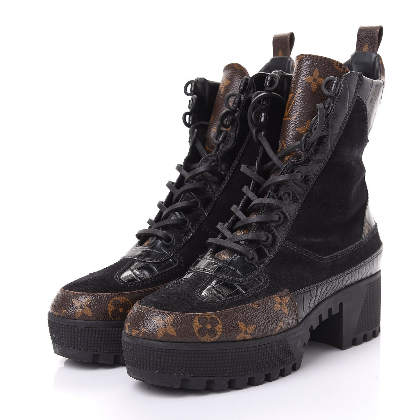 Suede Calfskin Monogram Laureate Platform Desert Boots 38.5 Black