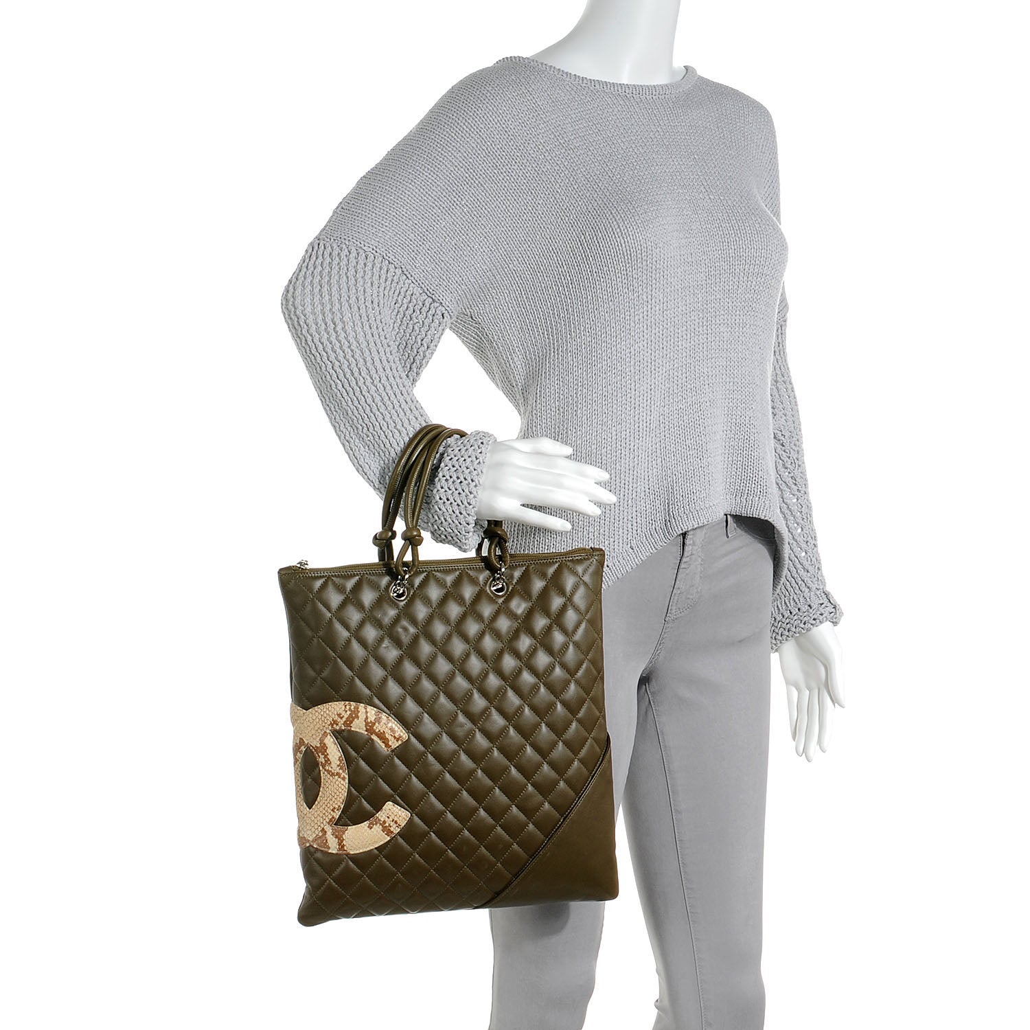 Chanel Calfskin Python Quilted Cambon Flat Tote Khaki 2 of 7