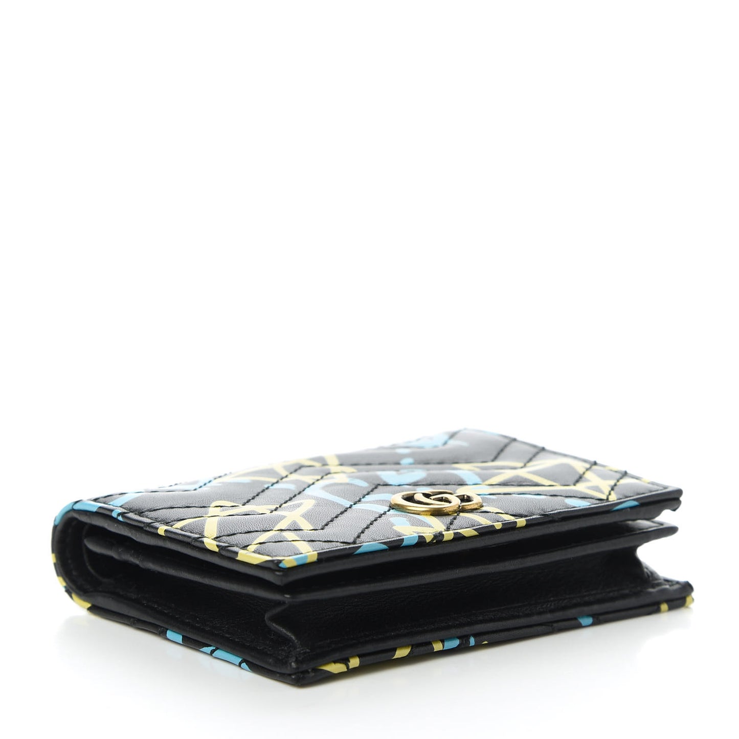 Calfskin Matelasse GucciGhost GG Marmont Card Case Wallet Black New Acquamarine