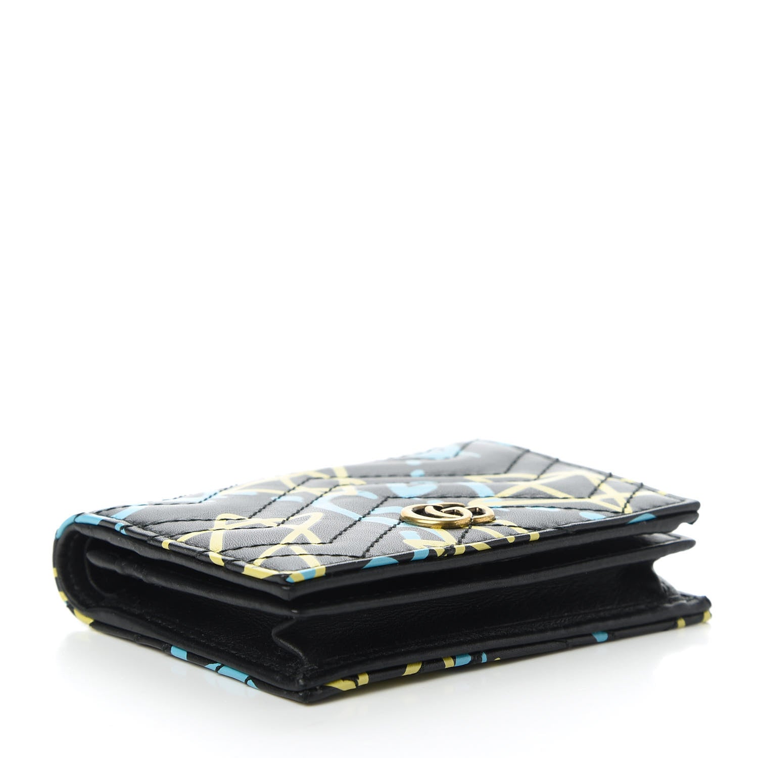 Gucci Calfskin Matelasse GucciGhost GG Marmont Card Case Wallet Black New Acquamarine 4 of 11
