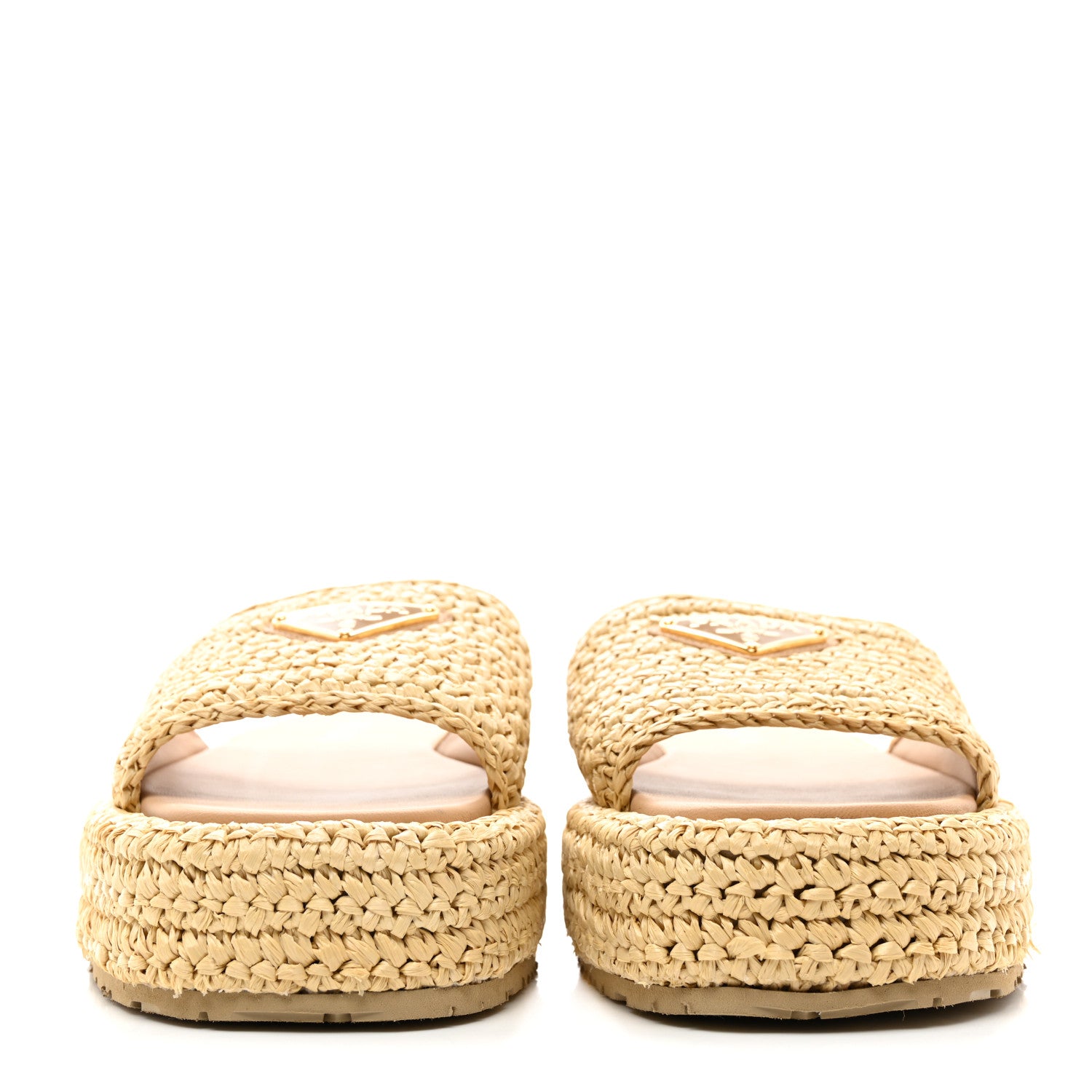 Prada Raffia Metal Triangle Logo Woven Flatform 35mm Slide Sandals 38 Naturale 2 of 8