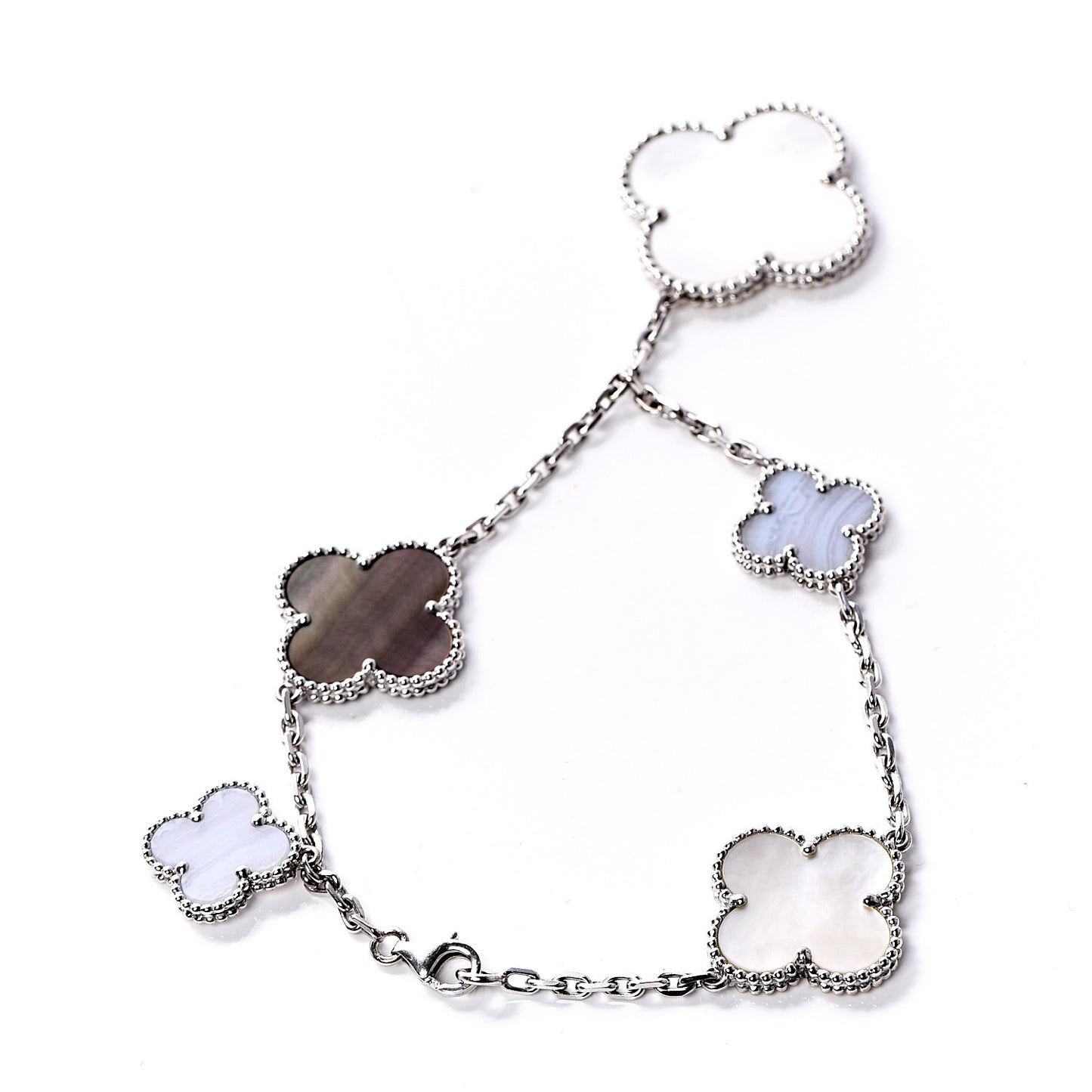 18K White Gold Chalcedony Mother of Pearl 5 Motifs Magic Alhambra Bracelet
