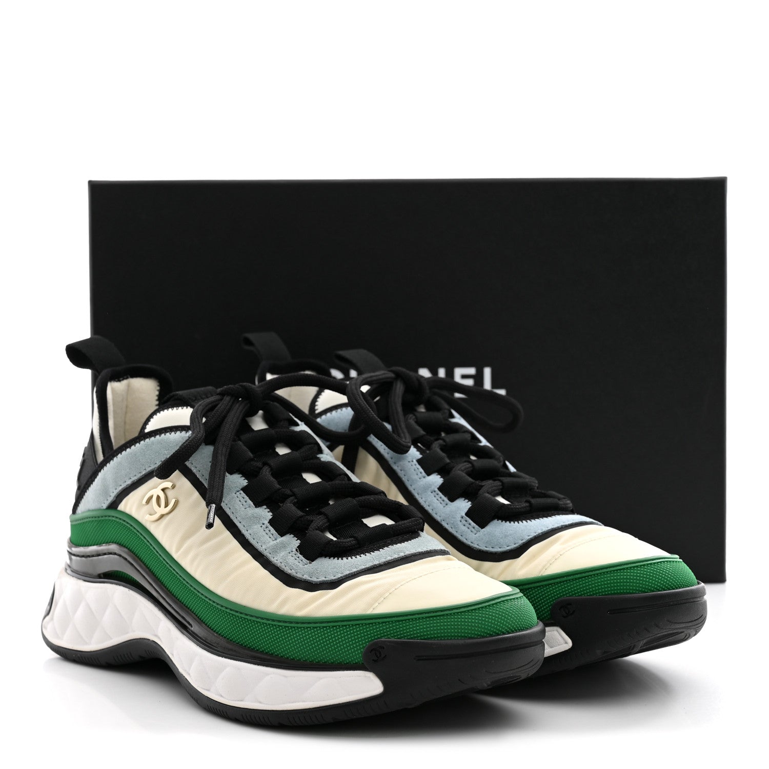 Chanel Suede Calfskin Mixed Fibers CC Sneakers 39 Ivory Green Light Blue 39 Ivory Green Light Blue 10 of 10