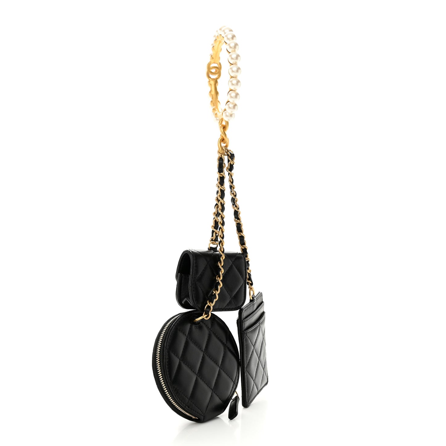 Pearl Lambskin Pearl Crown CC Wristlet Multi Pouches Black