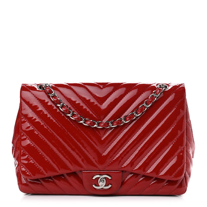Chanel Patent Chevron Quilted Jumbo Single Flap Red 1 of 12
