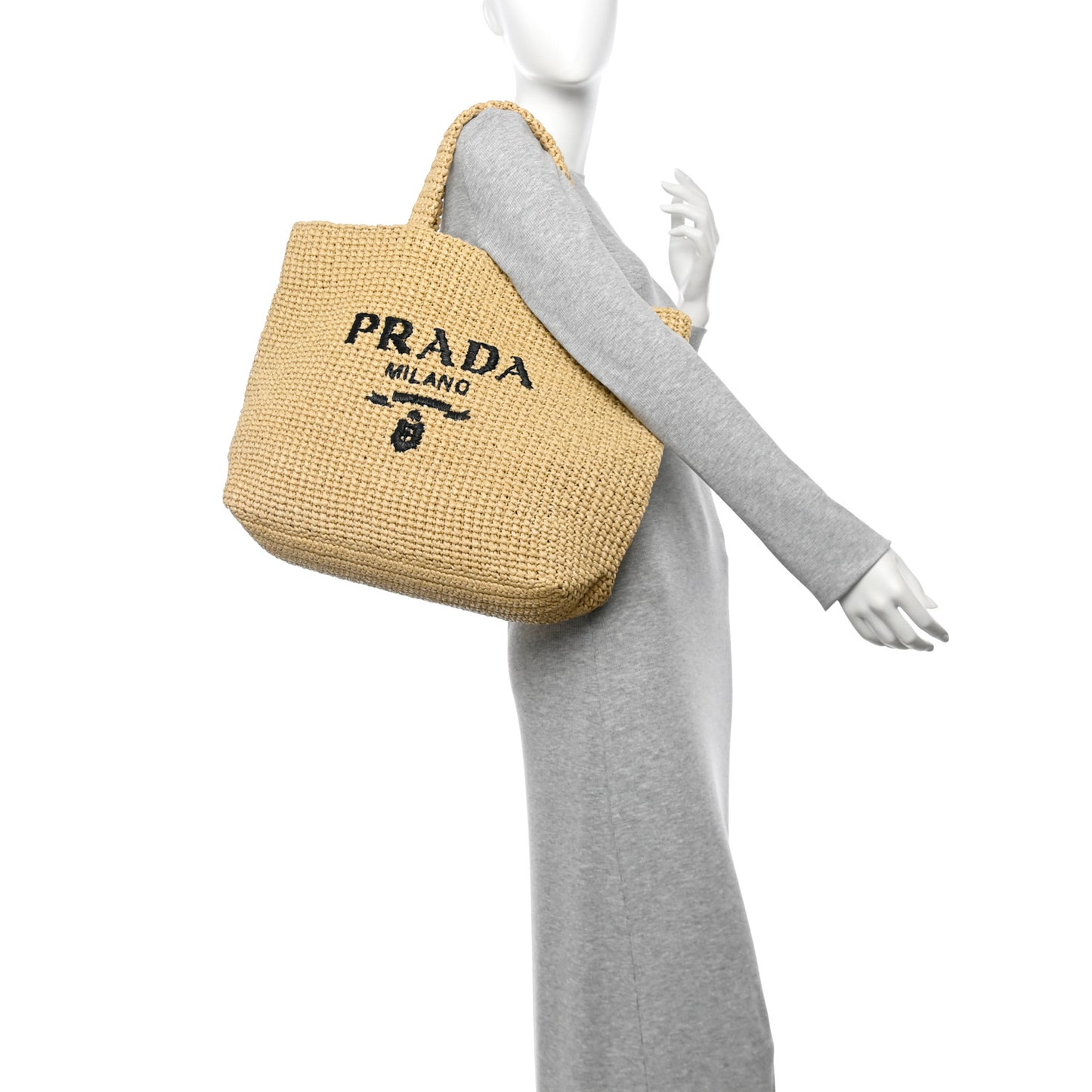 Yarn Raffia Effect Crochet Embroidered Logo Tote Naturale