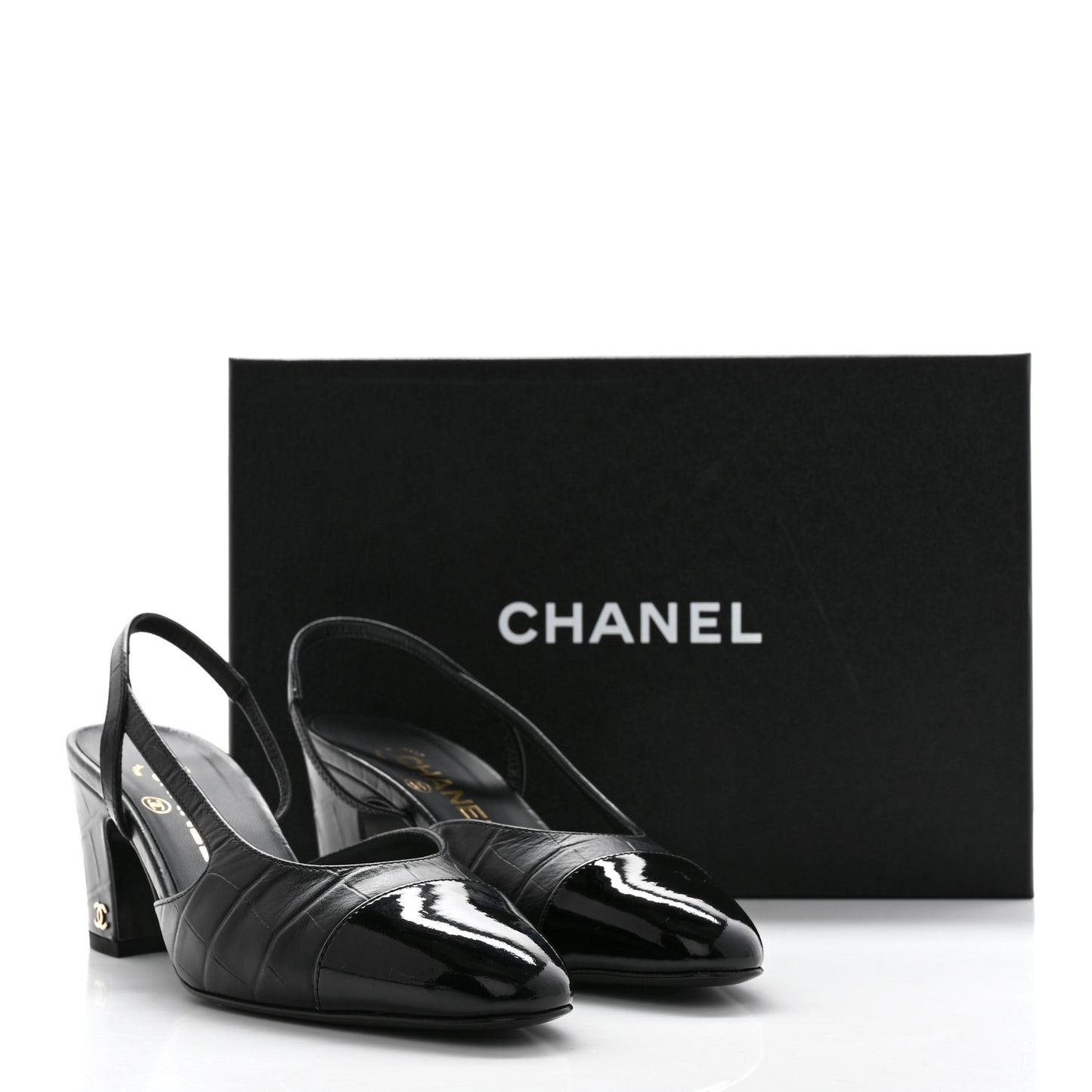 Calfskin Crocodile Embossed Patent Cap Toe CC Slingback Sandals 37.5 Black