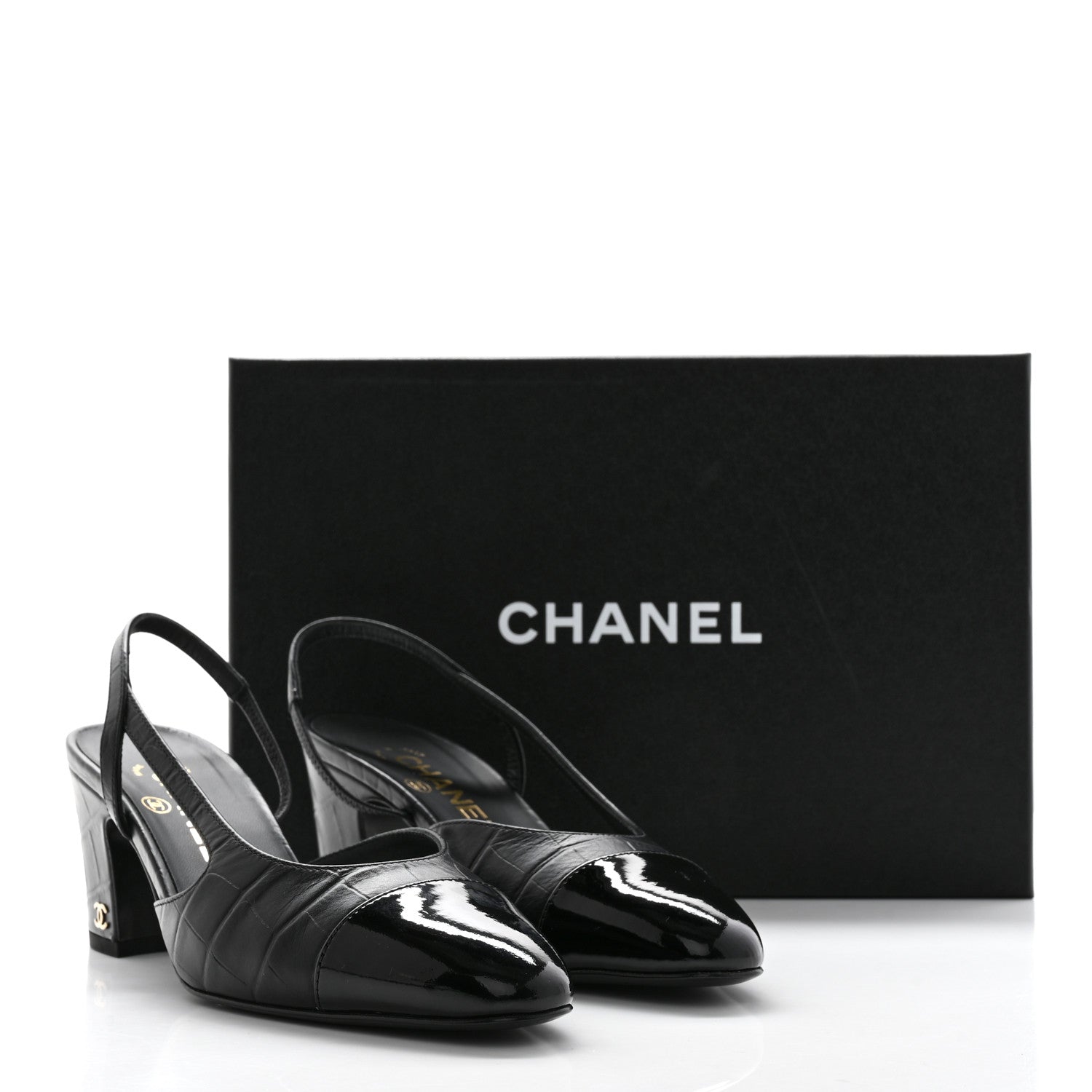 Chanel Calfskin Crocodile Embossed Patent Cap Toe CC Slingback Sandals 37.5 Black 9 of 9