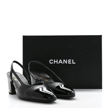 Chanel Calfskin Crocodile Embossed Patent Cap Toe CC Slingback Sandals 37.5 Black 9 of 9