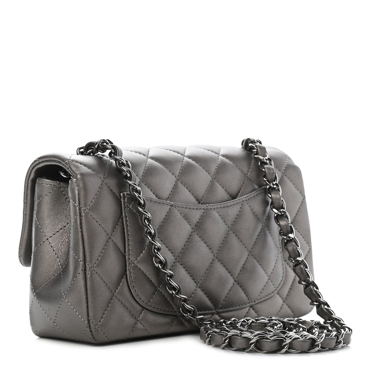Metallic Lambskin Quilted Mini Rectangular Flap Dark Grey