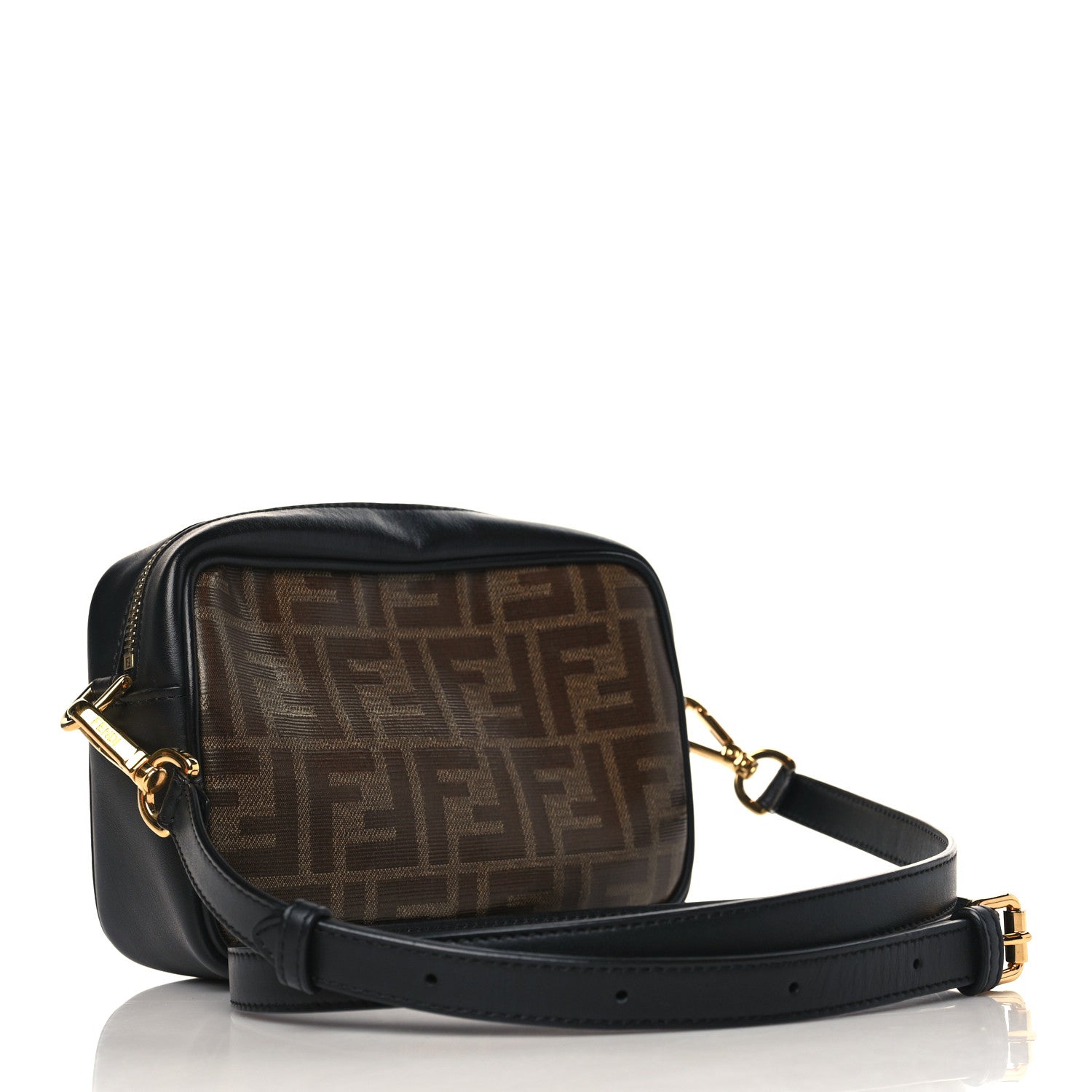 Fendi Glazed Fabric Vitello Century FF 1974 Stamp Patch Mini Camera Case Mogano Panna Black 3 of 10