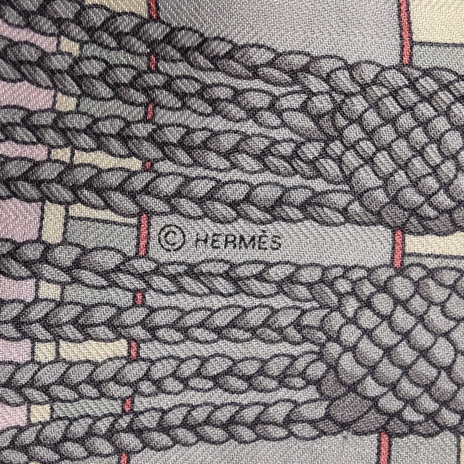 Hermes Cashmere Silk Sangles En Zigzag Shawl 140 Rose Nacre Bleu Brique 7 of 7