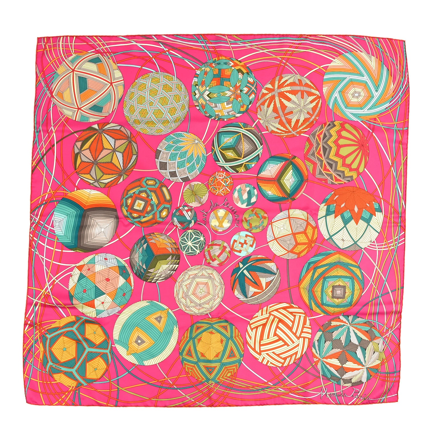 Hermes Silk L'Art Du Temari Scarf 90 Orange Fuchsia Vert 2 of 6
