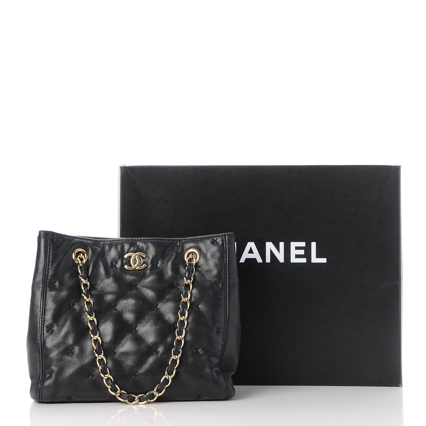 Lambskin Cross Stitch Shopper Tote Black
