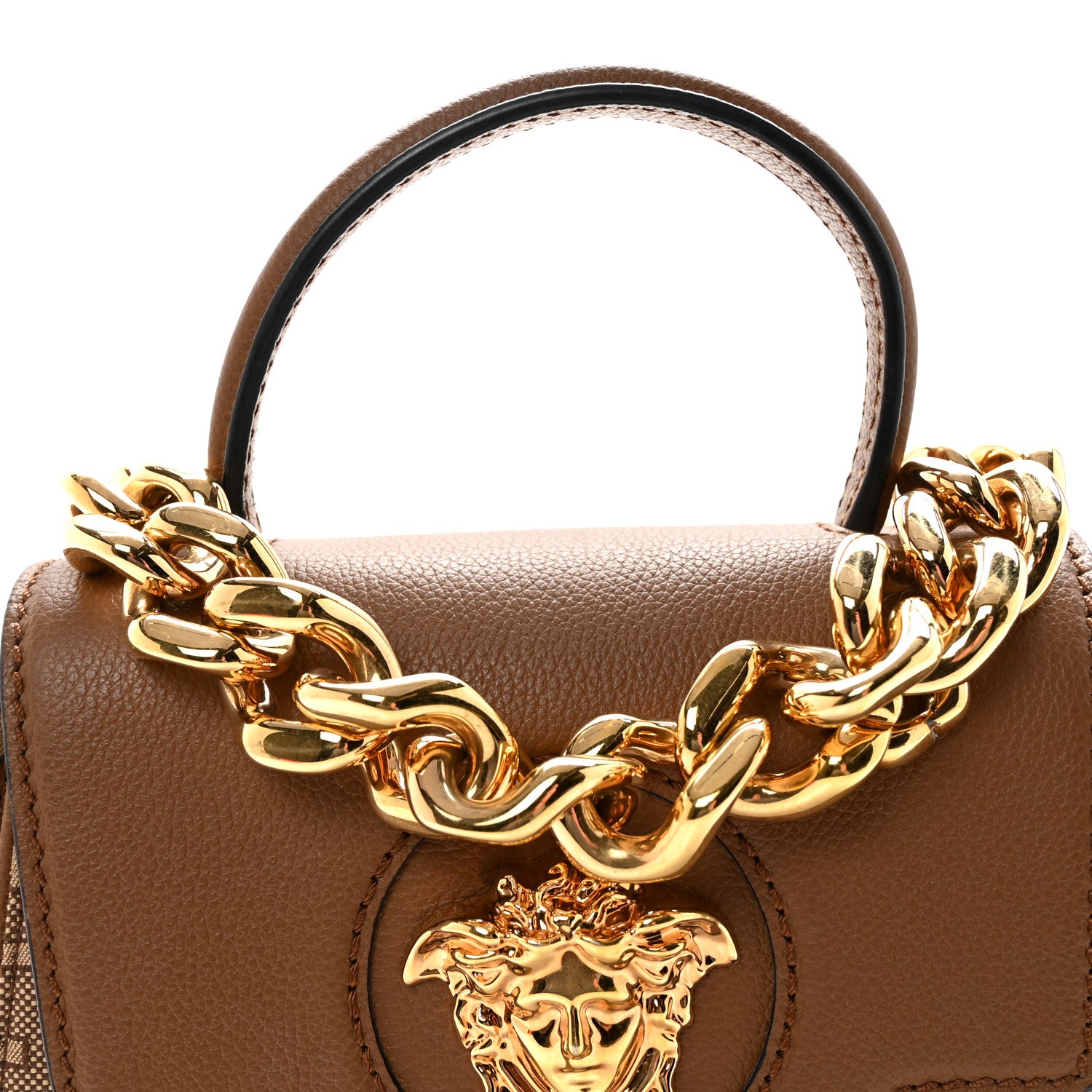Versace Calfskin Canvas Allover La Medusa Small Top Handle Handbag Brown 7 of 9