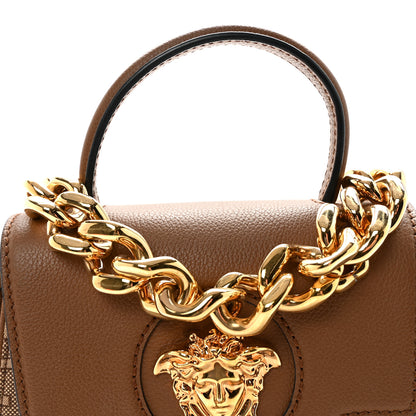 Versace Calfskin Canvas Allover La Medusa Small Top Handle Handbag Brown 7 of 9