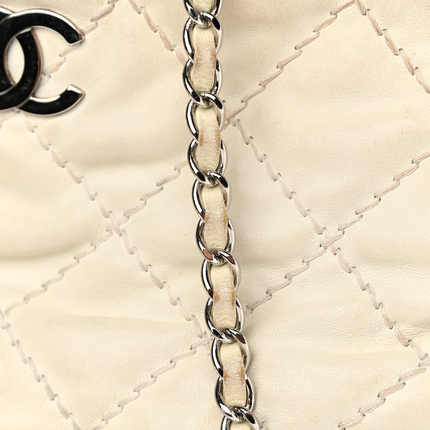 Calfskin Contrast Stitch Tote Beige