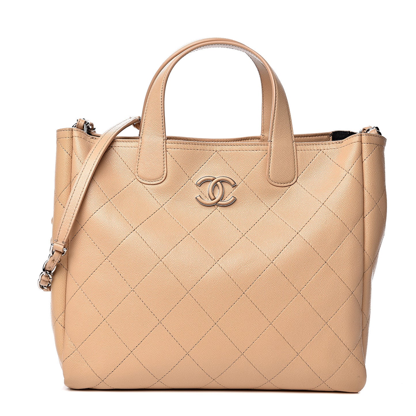 Caviar Stitched Small Shopping Tote Beige