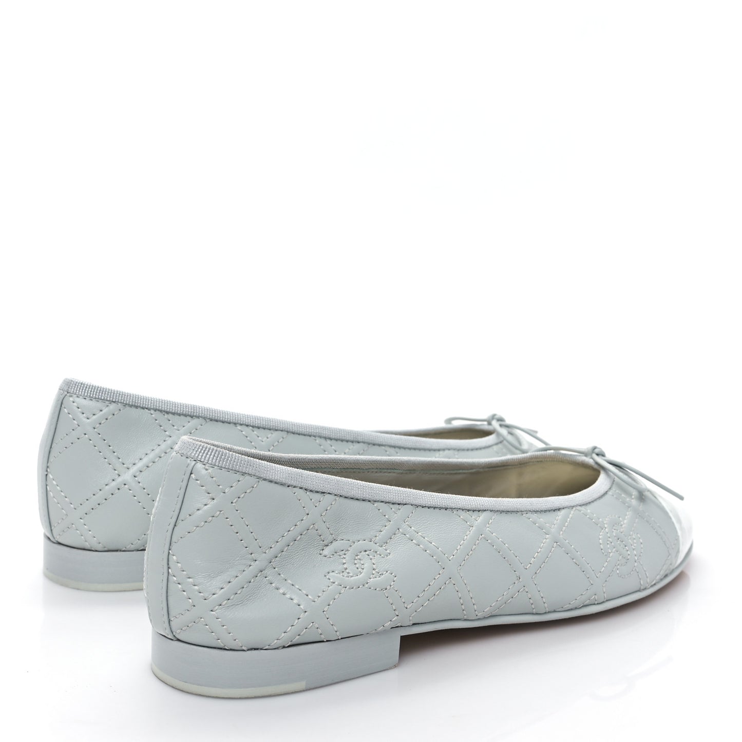 Lambskin Patent Double Stitched CC Cap Toe Ballerina Flats 38.5 Light Blue White