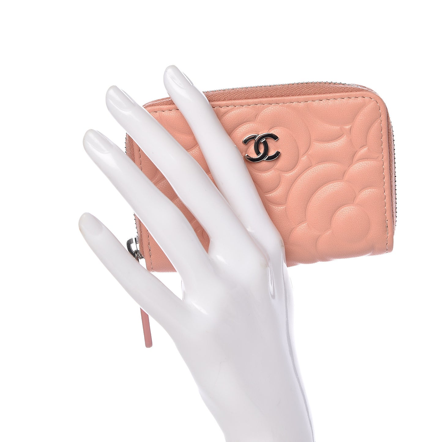 Goatskin Camellia Embossed Zip Coin Purse Pink