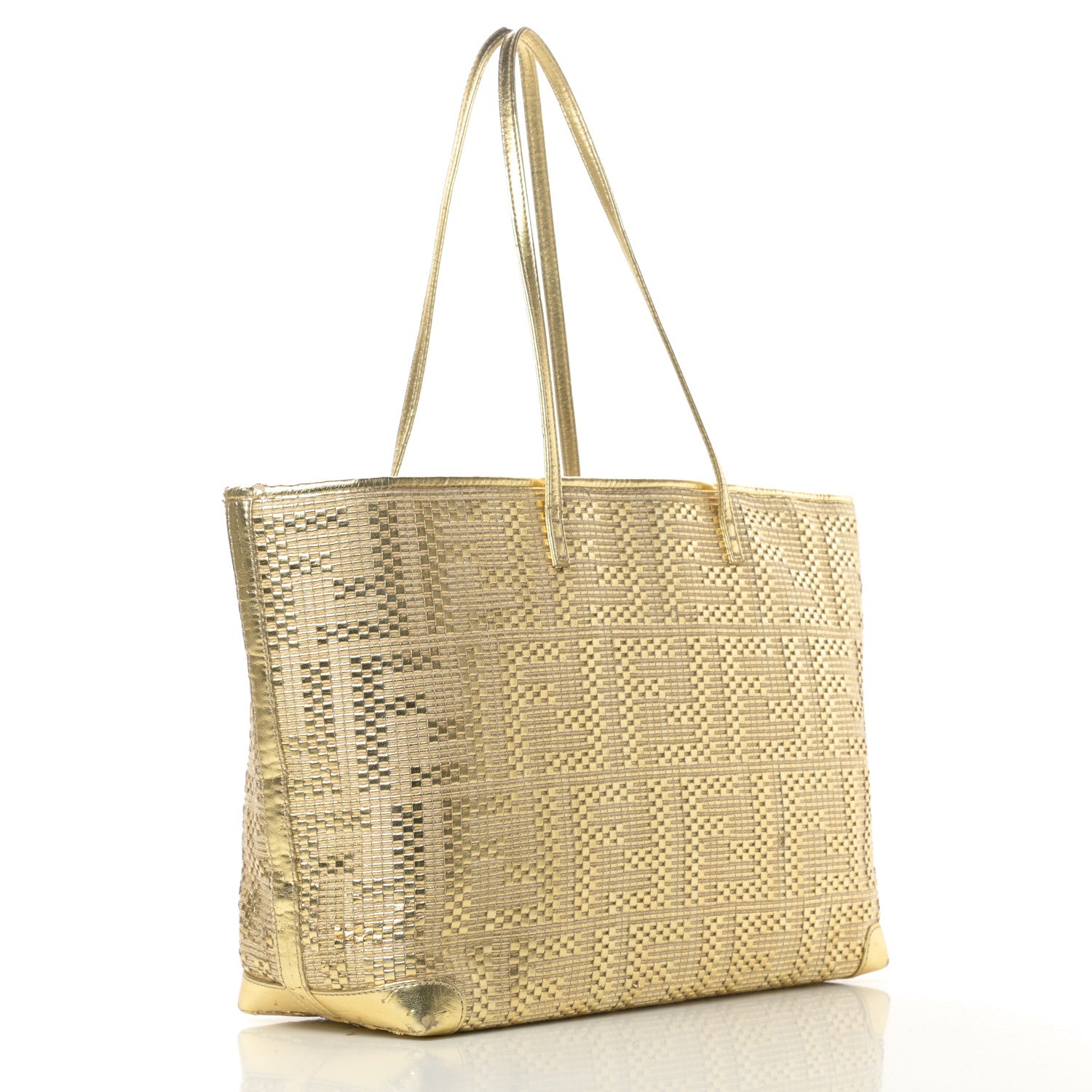 Fendi Canvas Metallic Calfskin Woven FF Roll Tote Gold 3 of 16