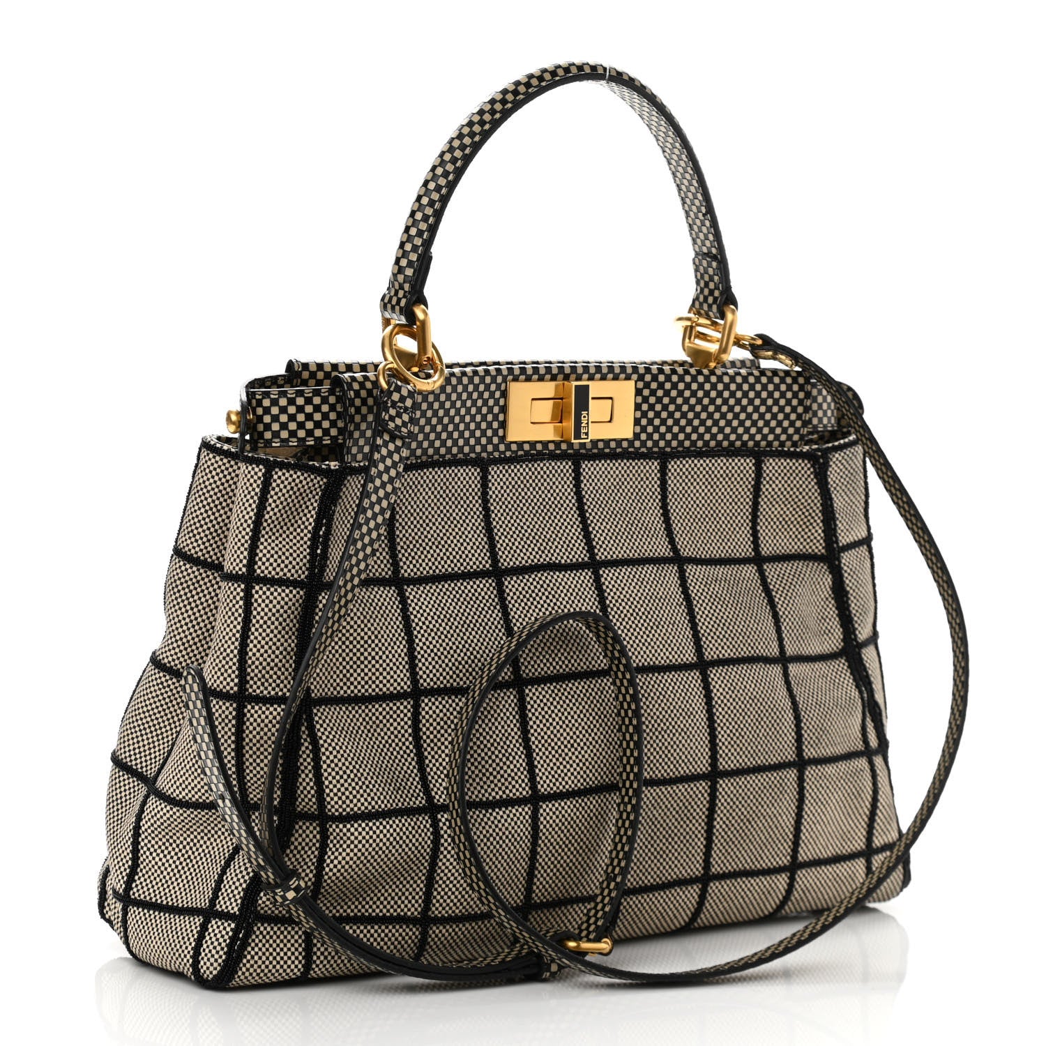 Fendi Canvas Calfskin Embroidered Medium Peekaboo Iconic Satchel Black Beige Multicolor 3 of 10
