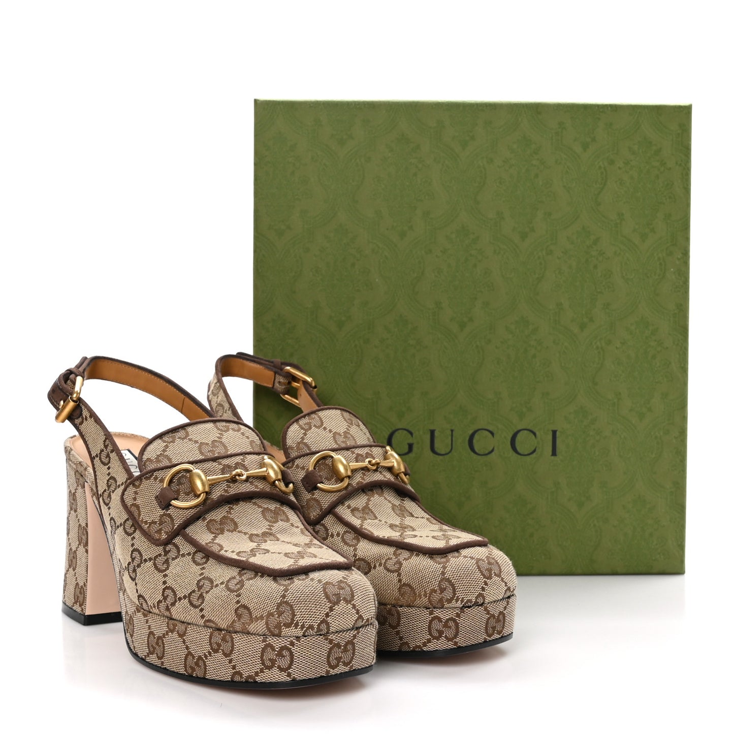 Monogram Kid Scamosciato Horsebit Platform 25/85mm Slingback Mules 39 Beige Ebony New Acero