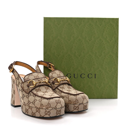 Gucci Monogram Kid Scamosciato Horsebit Platform 25/85mm Slingback Mules 39 Beige Ebony New Acero 9 of 9