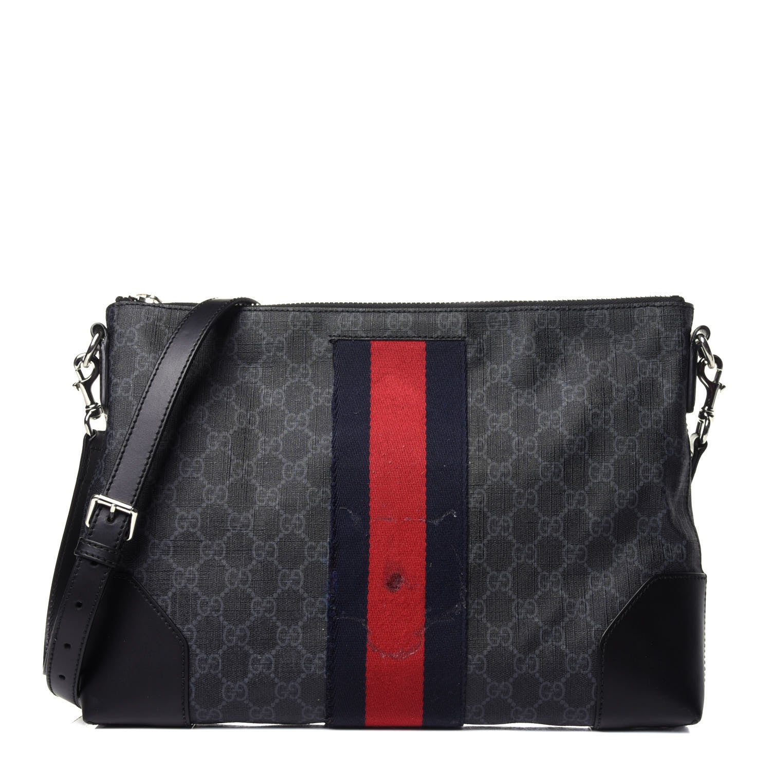 Gucci Soft GG Supreme Monogram Appia Calfskin Web East West Messenger Bag Black Grey 1 of 10