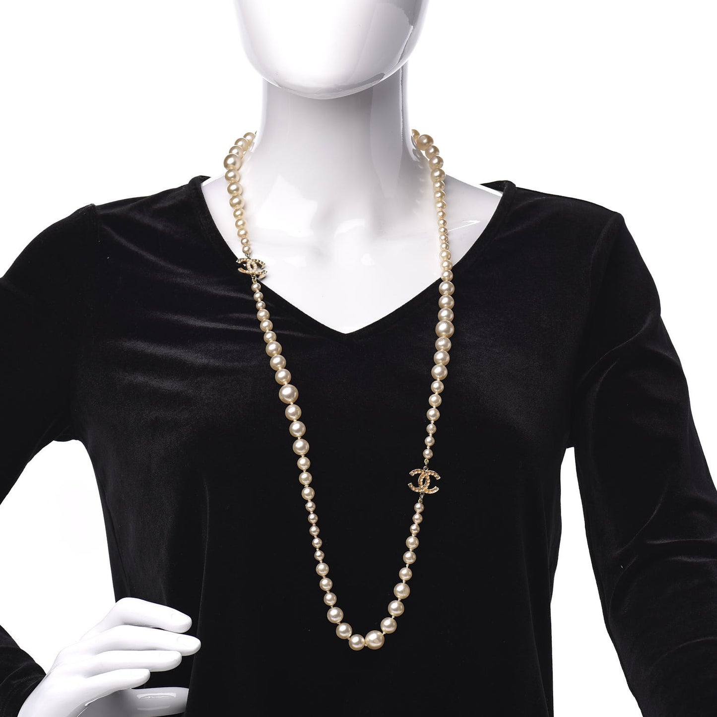 Pearl Crystal Long CC Necklace Gold