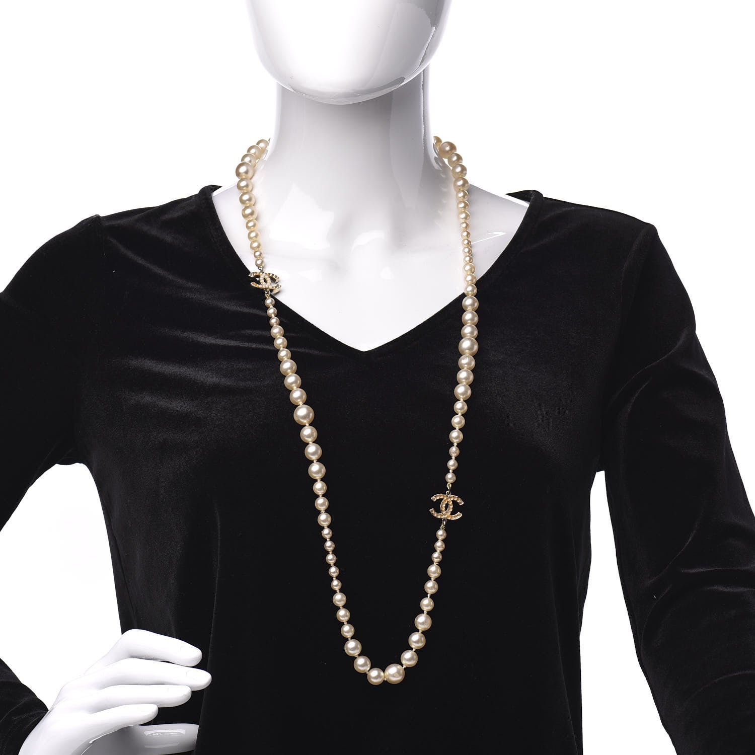 Chanel Pearl Crystal Long CC Necklace Gold 2 of 13