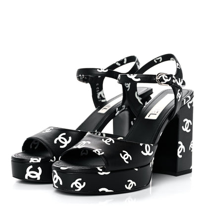 Chanel Printed Lambskin Coco Beach Platform Sandals 39 Black White 3 of 9