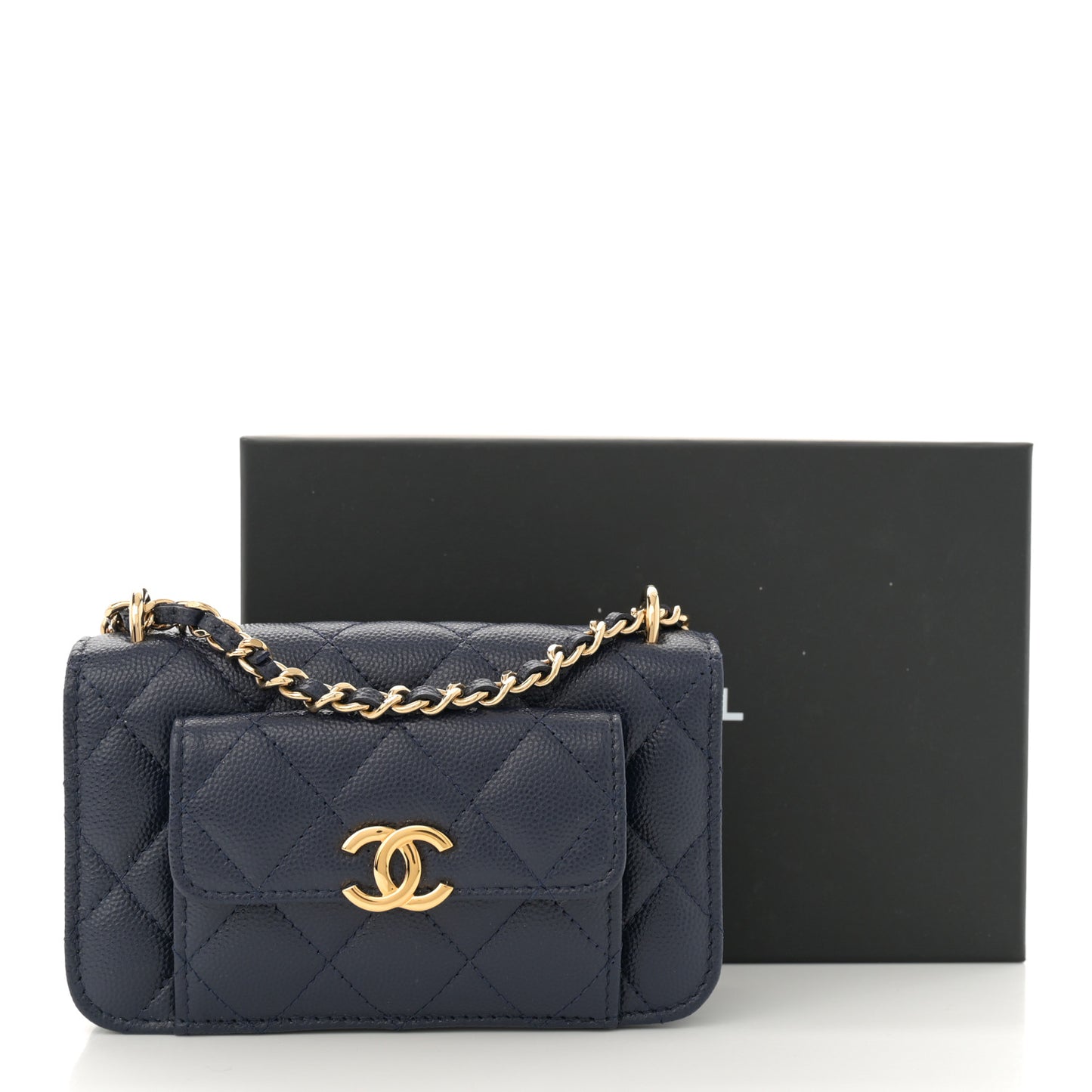 Caviar Quilted Pocket Twins Clutch With Chain Navy Blue
