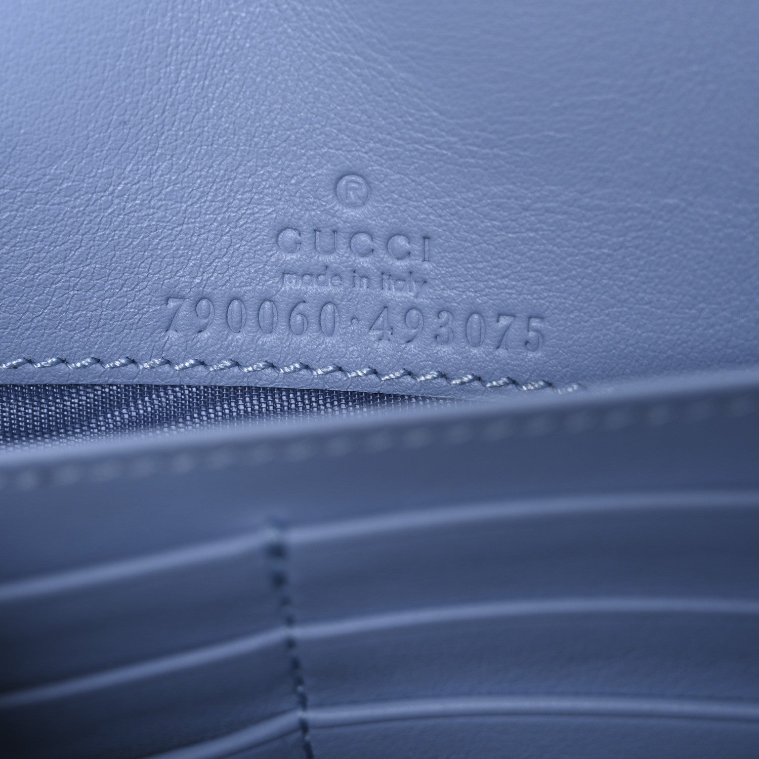 Gucci GG Supreme Monogram Textured Dollar Calfskin Mini GG Marmont Chain Wallet Light Pink Blue Beige 6 of 9