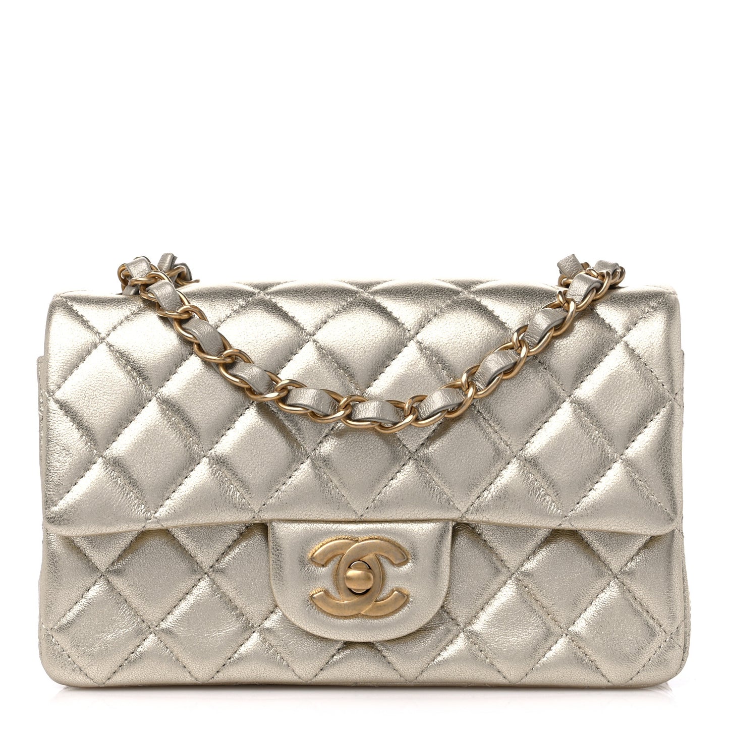 Metallic Lambskin Quilted Mini Rectangular Flap Gold