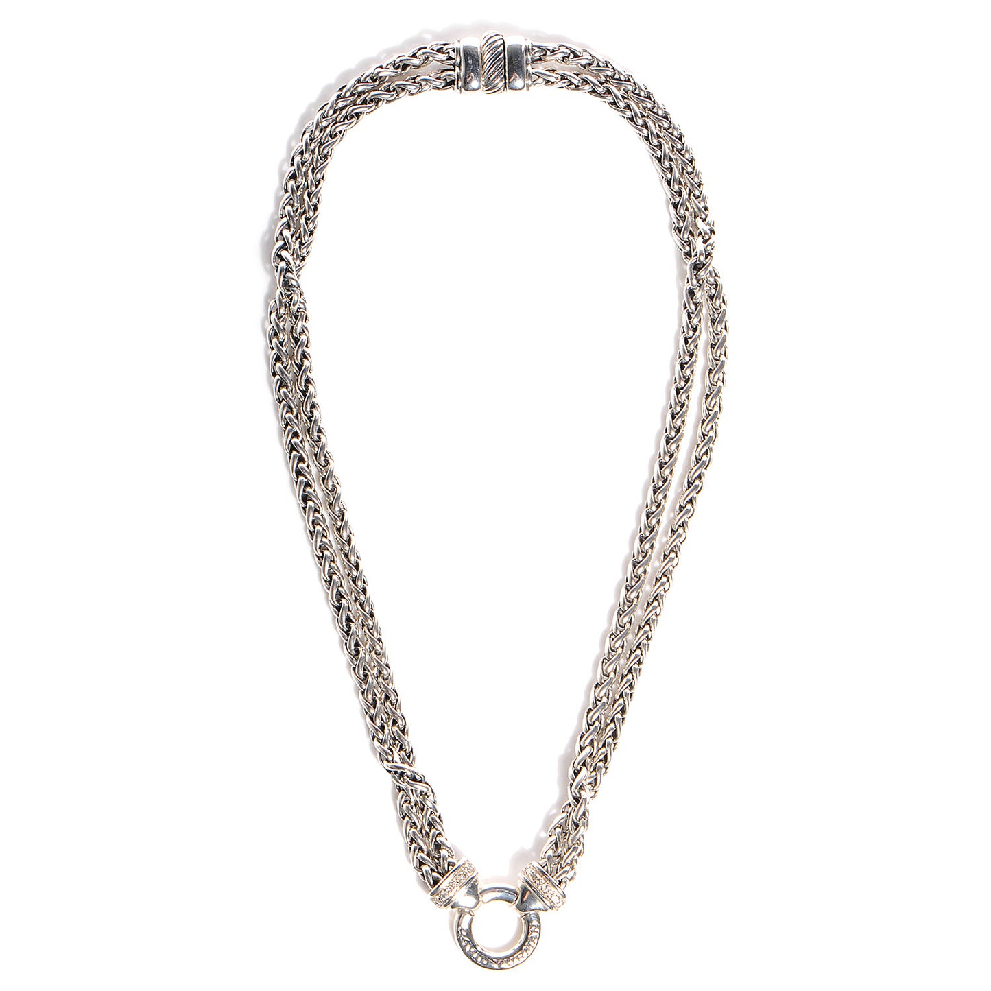 Sterling Silver Pave Diamond Double Wheat Chain Necklace 16 inch