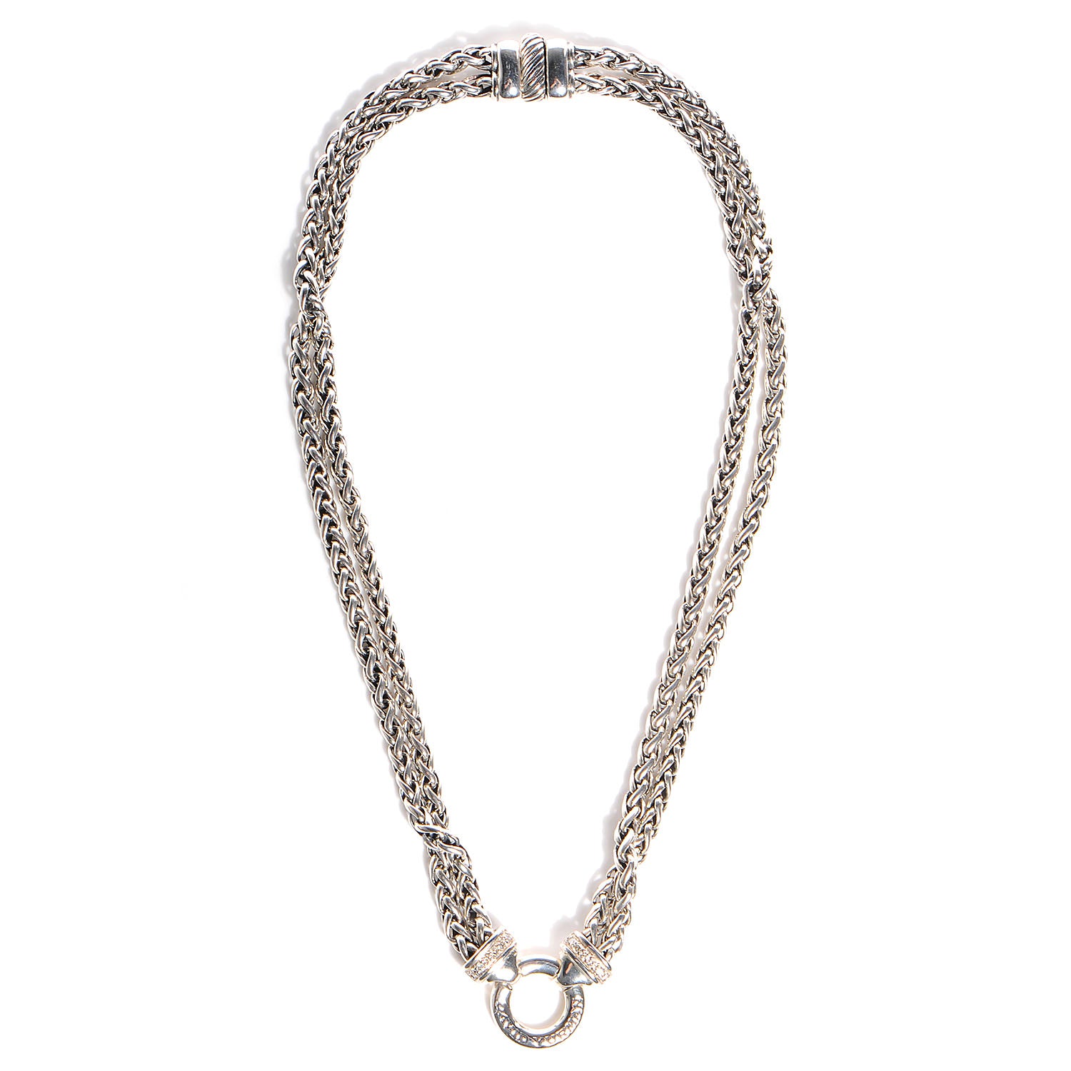 David Yurman Sterling Silver Pave Diamond Double Wheat Chain Necklace 16 inch 3 of 6