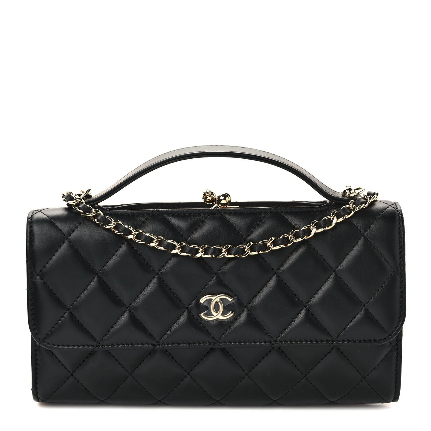 Shiny Calfskin Quilted Flap Phone Holder With Chain Black