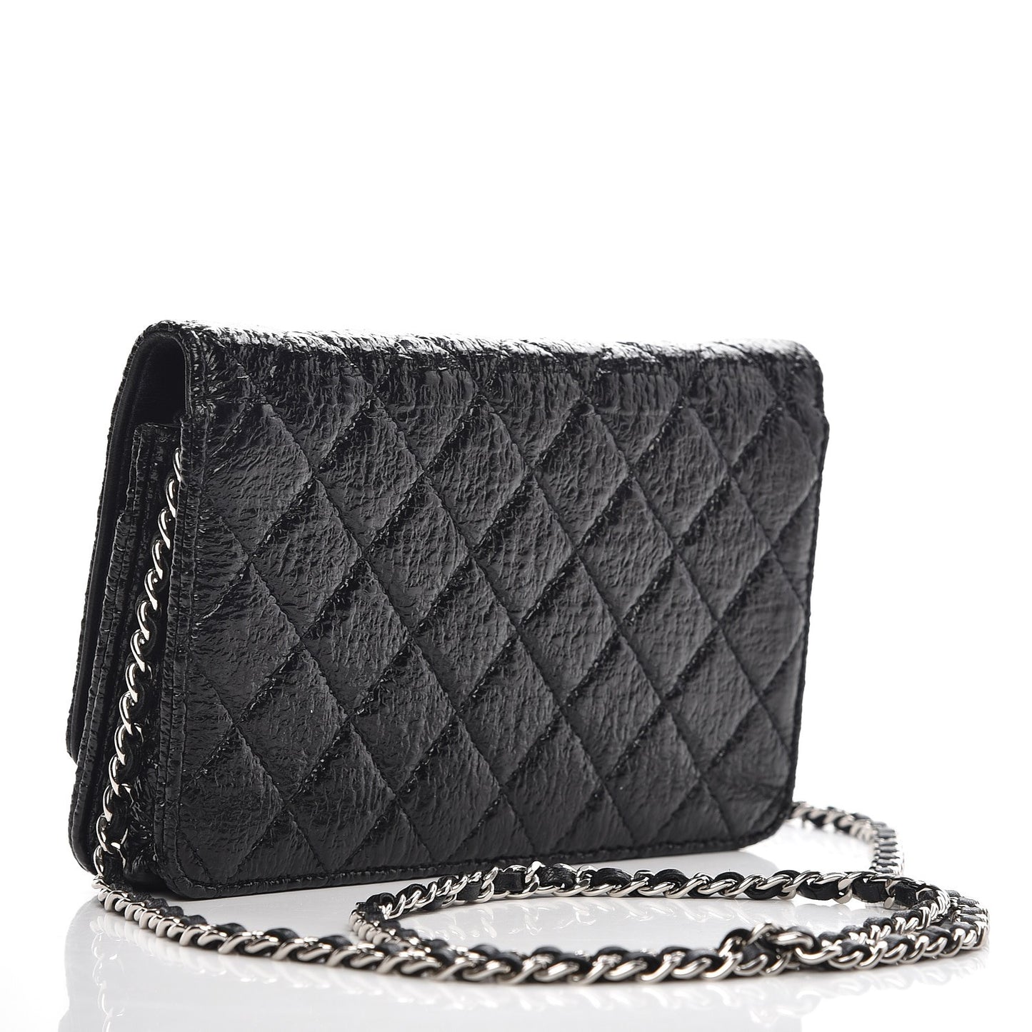 Distressed Patent Calfskin Quilted Wallet on Chain WOC Black