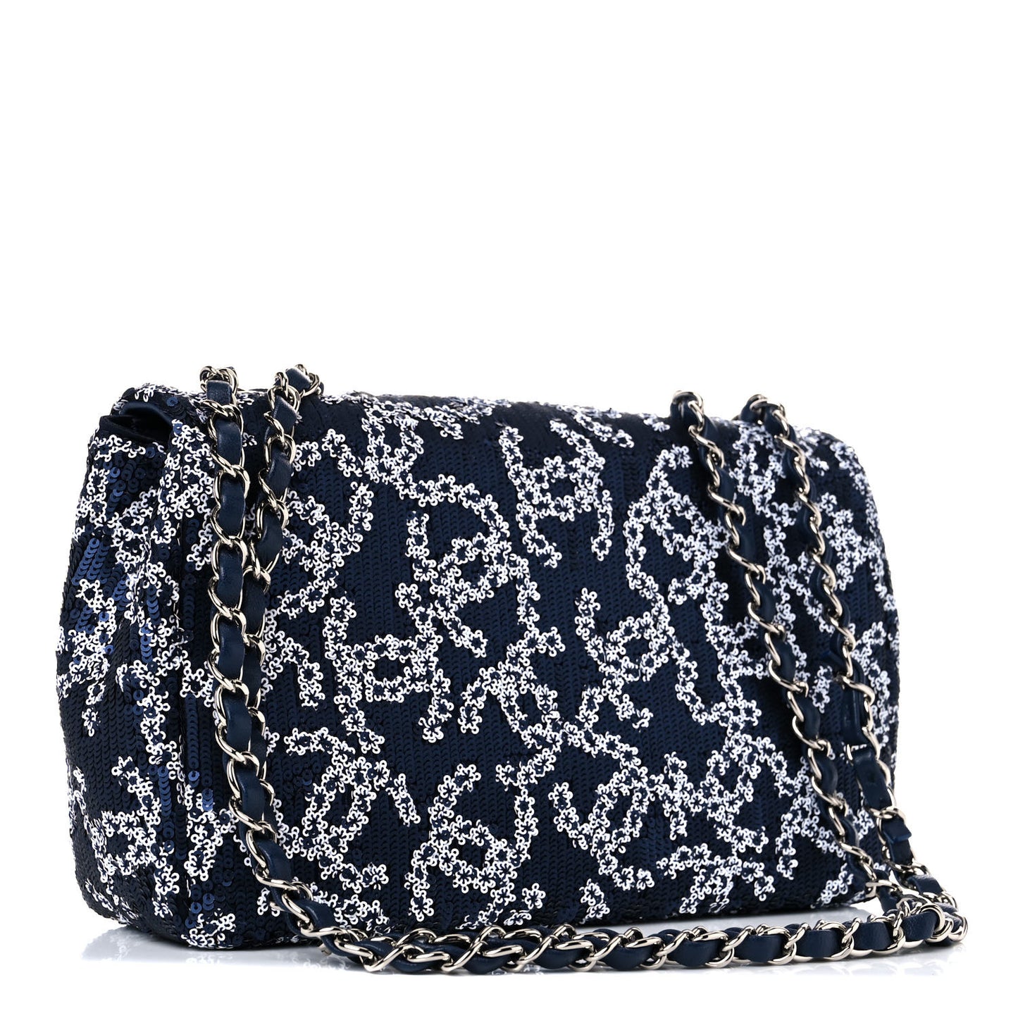 Lambskin Sequins Medium Single Flap Navy Blue White