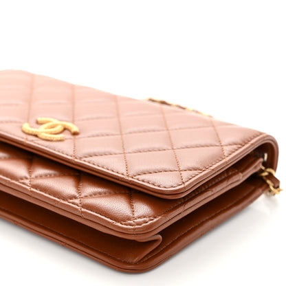 Chanel Lambskin Quilted Studded CC Wallet On Chain WOC Light Brown 11 of 12