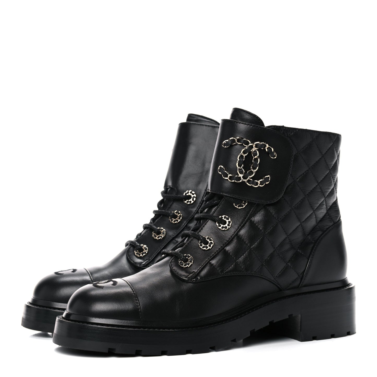 Shiny Lambskin Quilted Lace Up Combat Boots 39.5 Black