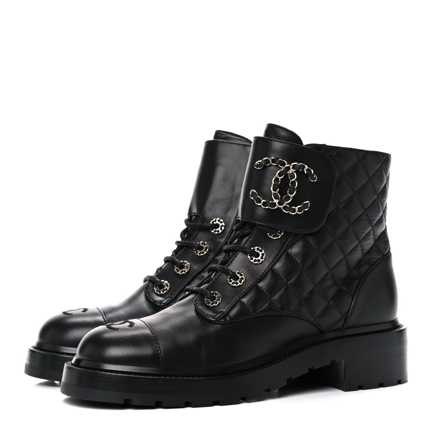 Chanel Shiny Lambskin Quilted Lace Up Combat Boots 39.5 Black 3 of 12